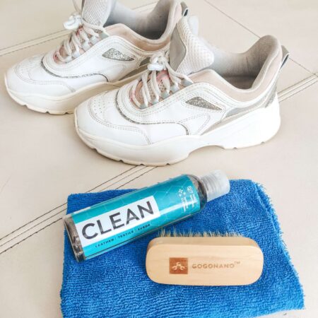 White shoes cleaning with ecofriendly gogonano cleaner with hog hair brush